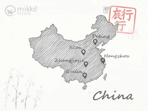 Gezeichnete Karte von China, die schönsten Reiseziele markiert