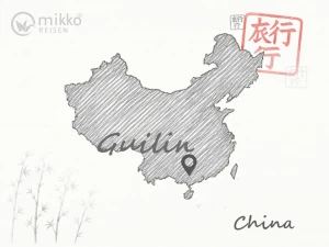Gezeichnete Landkarte von China, auf der das Reiseziel Guilin markiert ist.
