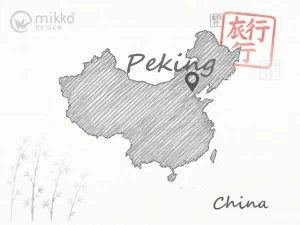 Gezeichnete Landkarte von China, auf der das Pauschalreiseziel Peking markiert ist.