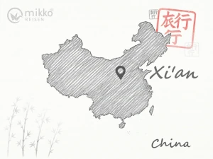 Gezeichnete Landkarte von China, auf der das Reiseziel Xi'an markiert ist.