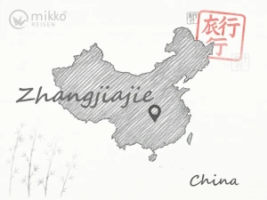 Gezeichnete Landkarte von China, auf der das Pauschalreiseziel Zhangjiajie markiert ist.