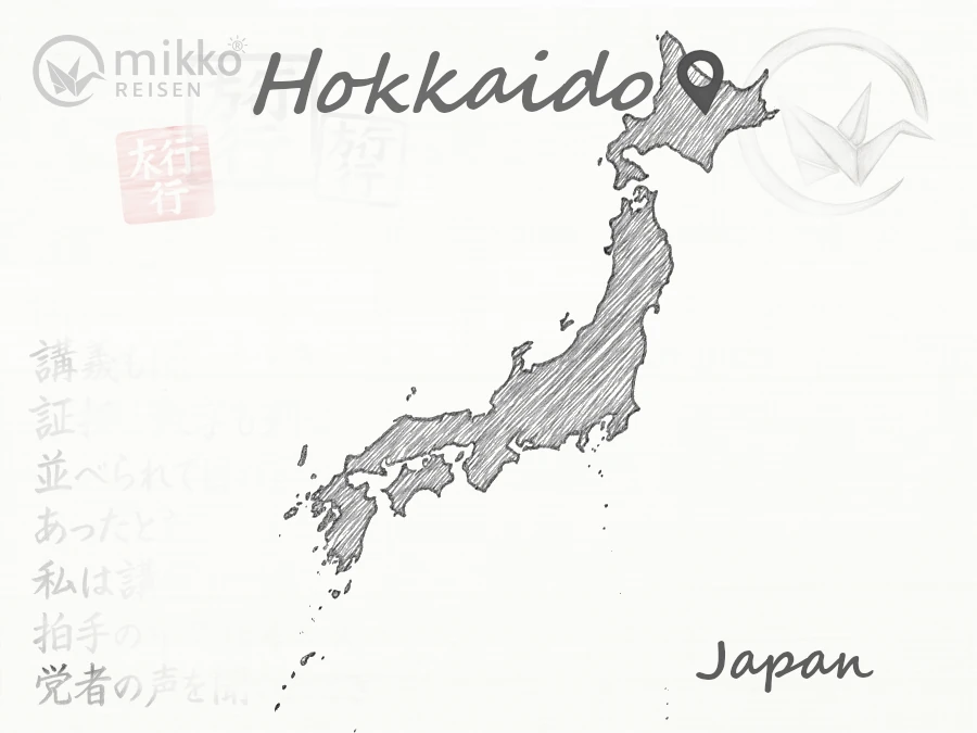 Handgezeichnete Karte von Japan, auf der Hokkaido markiert ist.