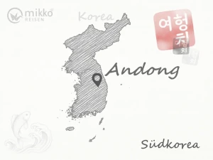 Gezeichnete Karte von Südkorea, auf der das Reiseziel Andong markiert ist.