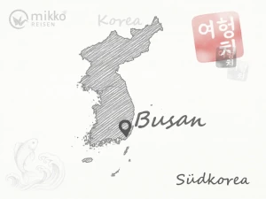 Gezeichnete Karte von Südkorea, auf der das Reiseziel Busan markiert ist.