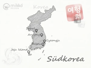 Gezeichnete Karte von Südkorea, die schönsten Reiseziele markiert