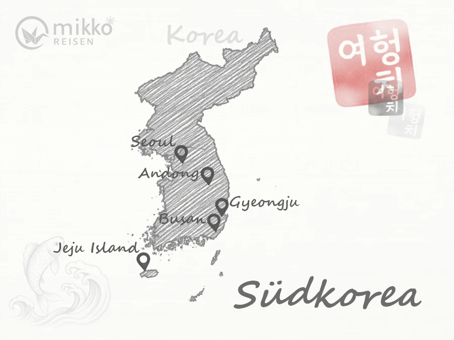 Gezeichnete Karte von Südkorea mit weichem Papyrus im Hintergrund. Die wichtigsten Reiseziele für Pauschalreisen in Südkorea sind markiert.
