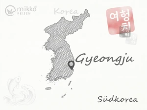 Gezeichnete Karte von Südkorea, auf der das Reiseziel Gyeongju markiert ist.