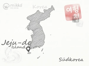 Gezeichnete Karte von Südkorea, auf der das Reiseziel Jeju Island markiert ist.