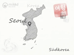 Gezeichnete Karte von Südkorea, auf der das Reiseziel Seoul markiert ist.